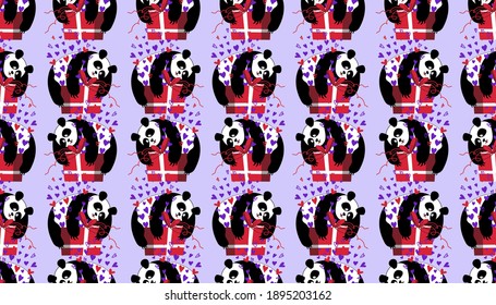 Cute pandas seamless pattern with hearts, gift boxes, lettering Love in flat and hand drawn styles. Vector illustration for Valentines day, greeting cards, posters, digital and wrapping papers