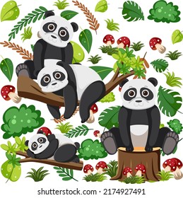 Cute pandas seamless pattern illustration
