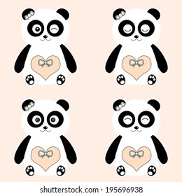 Cute Pandas. Set of emotion pandas with heart-belly - girl. Vector image 