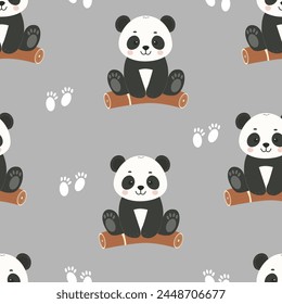 Cute pandas sitting on a tree, paw prints seamless pattern. Template for textile, wallpaper, packaging, cover, web, card, box, print, banner, ceramics