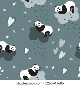 Cute pandas sleep on a cloud and dream. Seamless vector pattern for baby and bed linen and textiles. Interior decor of children's rooms, Wallpaper, packaging paper