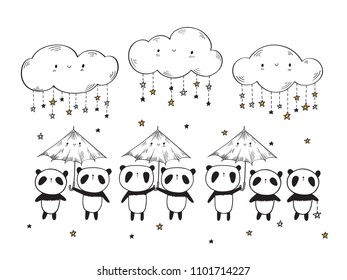 Cute pandas with umbrellas, funny clouds and stars. Hand drawn illustration for your design. Doodles, sketch.  Vector.