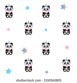 Cute pandas unicorns seamless pattern on a white background.