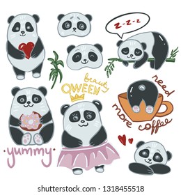 Cute pandas vector illustration. Panda emotions with lettering. Eps 10. 