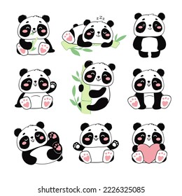 Cuidados pandas. Conjunto vectorial de ilustraciones de cobs negros y blancos, impresión animal en un estilo plano sobre un fondo blanco