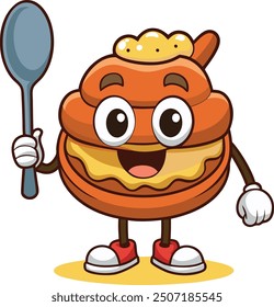 Cute Panecake illustration holding Spoon with happy expression