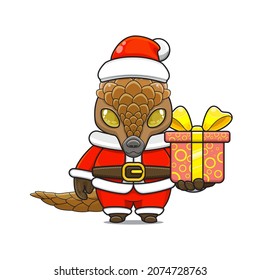 cute pangolin cartoon, giving christmas gifts and wearing santa claus costume, cute animal character wearing christmas costume, front view. kawaii and simple style, perfect for christmas content