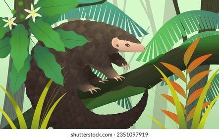 Cute pangolin climbing on tree trunk . Concept of wildlife in mossy rain forest with trees and tropical floral.