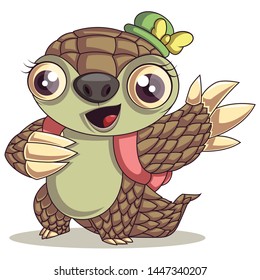 A Cute Pangolin Waving Her Hand Saying Hi/Hello, Carrying a Backpack. Vector Illustration Isolated On White Background.