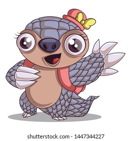 A Cute Pangolin Waving Her Hand Saying Hi/Hello, Carrying a Backpack. Vector Illustration Isolated On White Background.