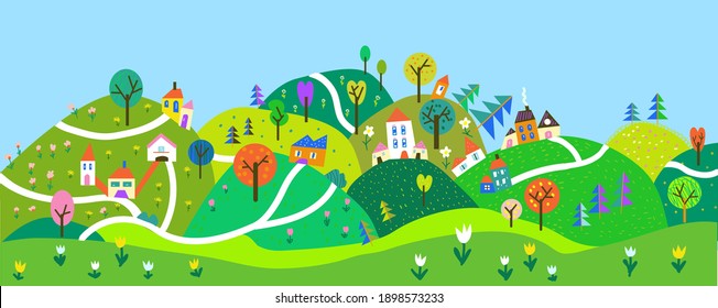 Cute panoramic landscape with hills and village for kids. Vector graphic illustration