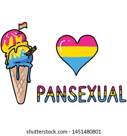 Cute pansexual ice cream cone cartoon vector illustration motif set. LGBTQ pan sweet treat elements for pride blog. Typography graphic for summer web buttons.