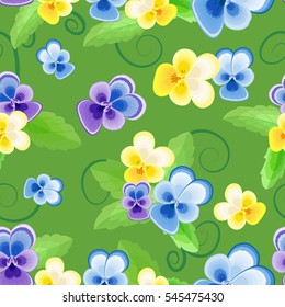 Cute Pansies and swirls on green background. floral seamless pattern with flowers of different colors.Summer vector illustration.Can be used for fabric,textile,wrapping paper.