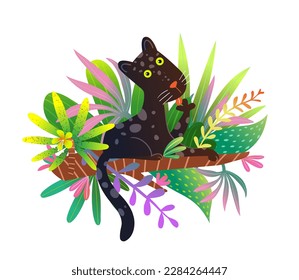 Cute panther among flowers and tropical leaves. Graphic Animal Illustration for Kids. Adorable and playful wild panther illustration for children education or zoo design. Vector isolated clip art.