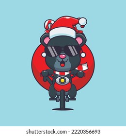 Cute panther carrying christmas gift with motorcycle. Cute christmas cartoon illustration. 