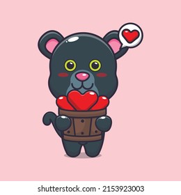 cute panther cartoon character holding love in wood bucket