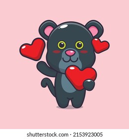 cute panther cartoon character holding love heart in valentines day