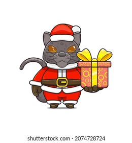 cute panther cartoon, giving christmas gifts and wearing santa claus costume, cute animal character wearing christmas costume, front view. kawaii and simple style, perfect for christmas content