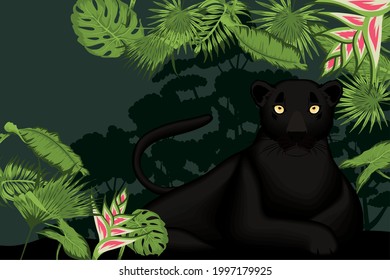 Cute panther cartoon with leaves