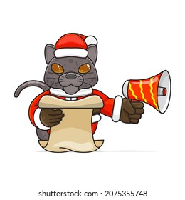 cute panther cartoon, wearing santa costume holding megaphone and reading script, cute animal character wearing christmas costume, front view. kawaii and simple style, suitable for christmas content