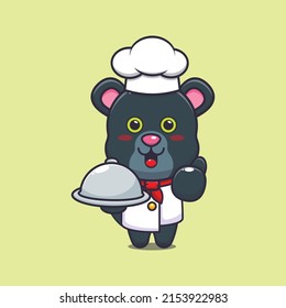 cute panther chef mascot cartoon character with dish