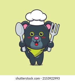 cute panther chef mascot cartoon character holding spoon and fork 
