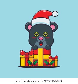 Cute panther with christmas gift. Cute christmas cartoon illustration. 