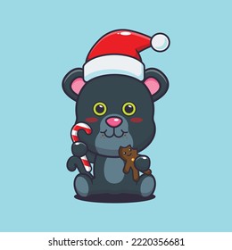 Cute panther eating christmas cookies and candy. Cute christmas cartoon illustration. 
