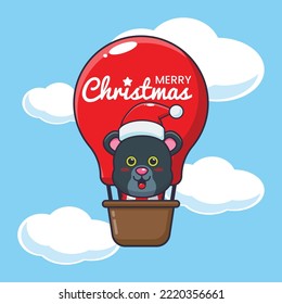 Cute panther fly with air balloon. Cute christmas cartoon illustration. 