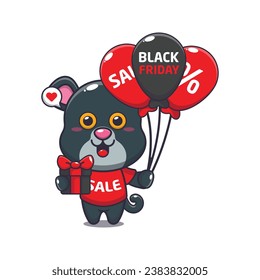 cute panther with gifts and balloons in black friday sale cartoon vector illustration