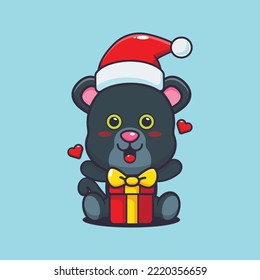 Cute panther happy with christmas gift. Cute christmas cartoon illustration. 