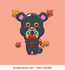 Cute panther holding a apple in wood bucket. Mascot cartoon vector illustration suitable for poster, brochure, web, mascot, sticker, logo and icon.