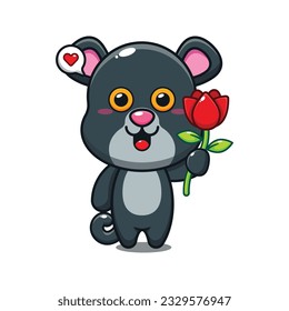 cute panther holding rose flower cartoon vector illustration.