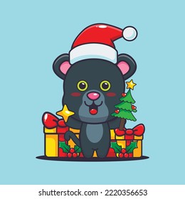 Cute panther holding star and christmas tree. Cute christmas cartoon illustration. 