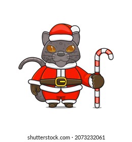 cute panther mascot, holding candy cane, wearing santa claus costume, cartoon animal character with sparkling eyes, front view. kawaii styles, flats, for kids and adults, for stickers. 