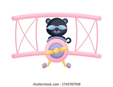 Cute panther pilot wearing aviator goggles flying an airplane. Graphic element for childrens book, album, scrapbook, postcard, mobile game. Flat vector stock illustration isolated on white background.