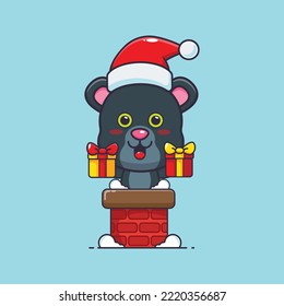 Cute panther with santa hat in the chimney. Cute christmas cartoon illustration. 