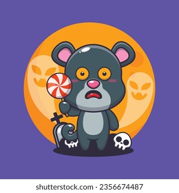 Cute panther scared by ghost in halloween day. Cute halloween cartoon illustration. 