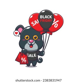 cute panther with shopping bag and balloon at black friday sale cartoon vector illustration
