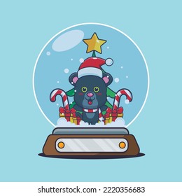 Cute panther in snow globe. Cute christmas cartoon illustration.