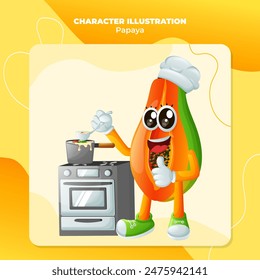 Cute papaya character cooking on a stove. Perfect for kids, merchandise and sticker, banner promotion or blog
