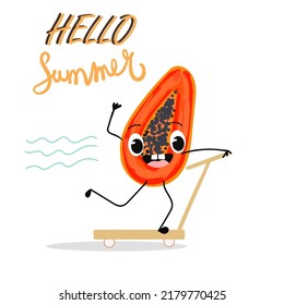 Cute papaya on a scooter, cartoon, character. T-shirt design for kids, summer time, summer mood. vector illustration. Lettering hello summer.