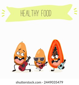 Cute papaya, pitahaya characters, funny fruits, characters with different activities. Flat vector illustration. Organic food, healthy food, illustrations for kids menu, invitations.