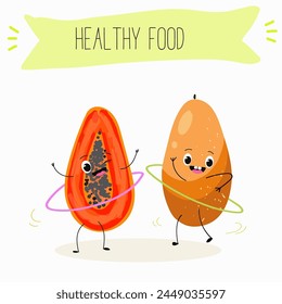 Cute papaya, pitahaya characters, funny fruits, characters with different activities. Flat vector illustration. Organic food, healthy food, illustrations for kids menu, invitations.