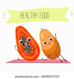 Cute papaya, pitahaya characters, funny fruits, characters with different activities. Flat vector illustration. Organic food, healthy food, illustrations for kids menu, invitations.