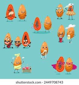 Cute papaya, pitahaya fruit characters set, collection. Flat vector illustration. Activities, playing musical instruments, sports, funny fruits.