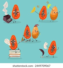 Cute papaya, pitahaya fruit characters set, collection. Flat vector illustration. Activities, playing musical instruments, sports, funny fruits.