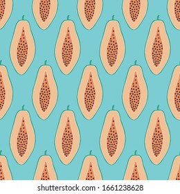Cute papaya repeat seamless pattern. Blue background. Image for printing on paper, wallpaper, covers, fabrics.