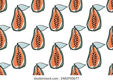 Cute papaya seamless pattern. Ripe papaya, papaya lobules and seeds on white background. Vector shabby hand drawn illustration