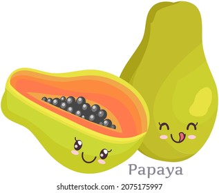 Cute papaya sticker kawaii icon vector design. Adorable cute charming tropical fruit with positive emotions, event or very pleasant situation, japanese culture symbol anime, innocence and childishness